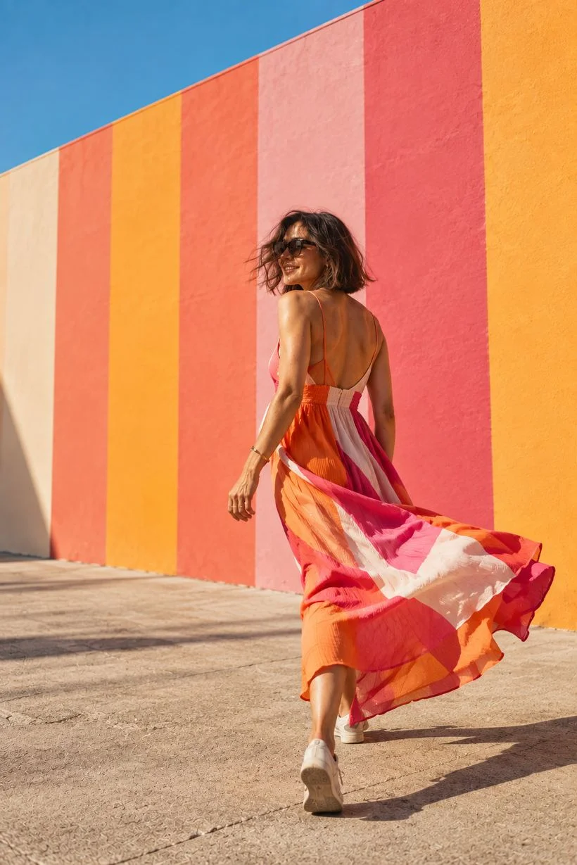 Femme en robe colorée devant un mur peint de bandes orange et roses